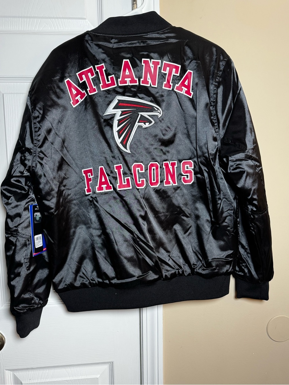 NFL Atlanta Falcons Black Satin Bomber Jacket with Red & White Team Logo